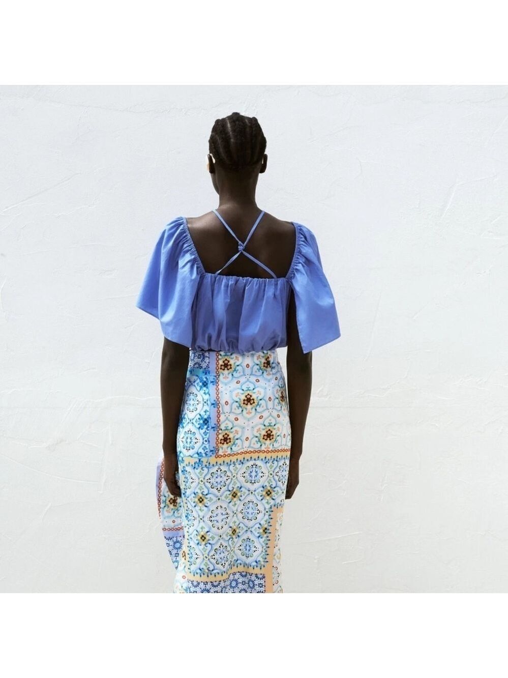 Zara Blue Ruched Ruffled Puff Crop Top - Picture 4 of 7